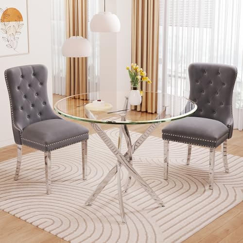 Modehodei Glass Dining Table Set for 2, 3-Piece Round Tempered Glass Kitchen Table Set with 2 Velvet Upholstered Dining Chairs for Living Room, Kitchen, Small Apartment (Silver,White)
