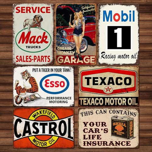 WANDGU Garage Piastre in metallo retrò: set di 7 poster in metallo, piastra in lamiera officina, 20 x 30 cm, design vintage nostalgico auto antica targa metallica per decorazione della parete
