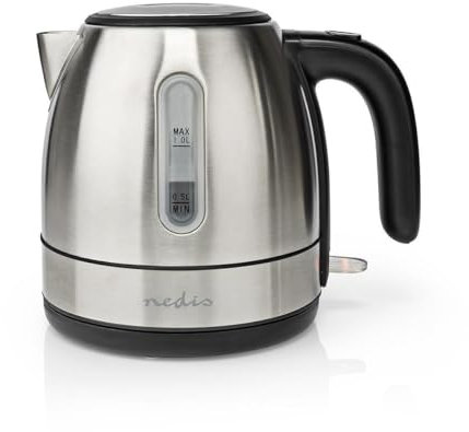 Nedis 1L Electric Kettle with Quick Boil Time, Boil-Dry Protection, 360° Cordless Base and Removable Filter, 2150W - Stainless Steel