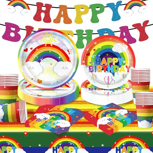 Moerstar Stoviglie per Feste di Compleanno Arcobaleno, Stoviglie per Feste Arcobaleno Set con Piatti Tovaglia Tovaglioli Bicchieri di Carta per Decorazioni Feste Bambina