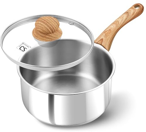 KOCH SYSTEME CS Stainless Steel Saucepan, 1 Quart Stainless Steel Pot with 5-Layer Stainless Base, Sauce Pan with Lid & Stay-Cool Handle, Small Pot 1 Quart, Induction Compatible