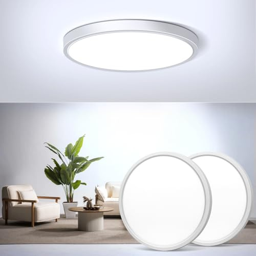 2-Pack LED Flush Mount Ceiling Light, 5000K Daylight White Bathroom Light, 1500LM, Flat Modern Round Lighting, 7in/18cm 120W Equivalent White Ceiling Lamp for Kitchens, Bedrooms, Hallway.etc
