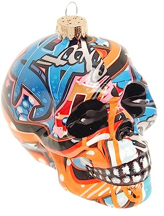 Krebs Glas Lauscha - Christbaumschmuck/Weihnachtsbaumanhänger aus Glas - Totenkopf Street Art - Farbe: Multicolor - Größe: 10 cm