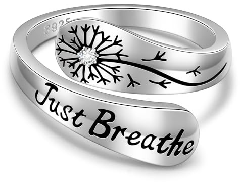 Iringnier Just Breathe Rings for Women Hope Ring Adjustable Spoon 925 Sterling Silver Dandelion Inspirational Encouragement Mothers Day Gifts Size 7