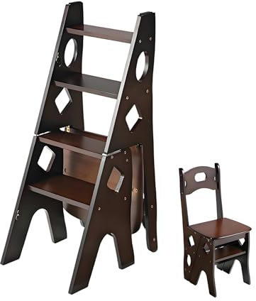 Aimery Library Ladder Chair, 2 in 1 Portable 4-Step Ladders, Wood Foldable Stool for Home, Library, Office(Dark Walnut,B)