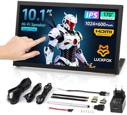 LUCKFOX 10.1 IPS Portable Monitor for Raspberry Pi & PC - HDMI Plug & Play, 10-Point Multi-Touch, Hi-Fi Speakers, Metal Stand, 1024 x 600 Resolution, Widely Used for Raspberry Pi 5