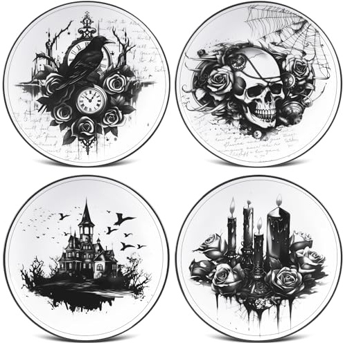 Vesici 4 Pieces Halloween Gothic Dinnerware Halloween Pattern Ceramic Plates Gothic Dinnerware Set Skull Dinner Plates Kitchen Decoration Spooky Gift for Home Decorative