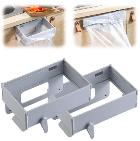 Hopfällbar soppåsehållare, Nytt hängande soptunneställ, Platsbesparande hopfällbar soppåsehållare, Sopsäckshållare över skåpet(Gray,Self Adhesive)