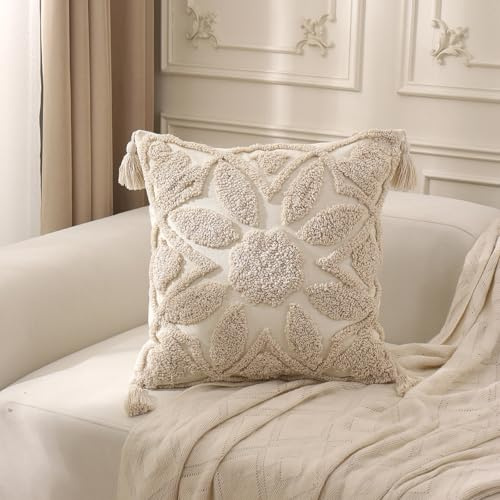 Xiyocadt Boho Kissenbezug Weich Pillow Case Stickerei Pillow Cover Quaste Kissen Bezug KissenbezüGe KissenhüLle Zierkissen Polsterbezug Dekokissen 45x45cm (Ohne Kisseneinsatz) (45x45cm,Beige)