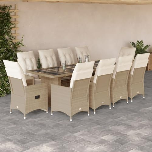Yunovire 11-TLG. Garten-Bistro-Set, Beige Poly Rattan, verstellbare Relaxsessel, 240x90x75cm Tisch mit Glasplatte, UV-beständig, für Garten, Terrasse, Balkon