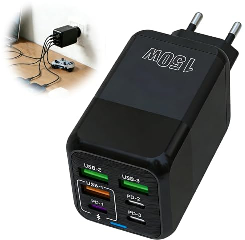 150W Cargador USB C 6 Puertos, 2 USB‑C + 4 USB‑A con Carga Rápida PD y QC 3.0, Estación de Carga para Móvil, Tablet, para iPhone, Samsung, para Xiaomi y Gadgets USB, Negro