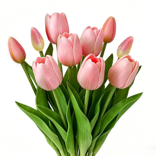 Tulpen Künstlich wie Echt - 10 Stück Rosa Künstliche Tulpen mit 6 Tulpen und 4 Tulpenknospen Real Touch Kunsttulpen Kunst Tulpen 42cm Kunstblumen Tulpenstrauß für Vase Frühling Hochzeit Zuhause Deko
