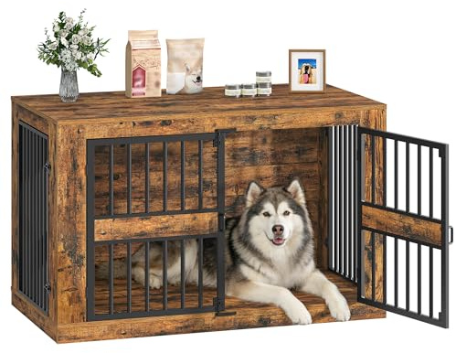Hzuaneri Hundekäfig Möbel, 120 cm Hundebox Möbel mit 4 Türen, Vintage Braun | XXL Hundebox für Zuhause, Moderne Hundebox Holz Indoor für Mittlere/Große Hunde, 120 x 75,5 x 87 cm, 9220101B