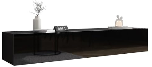 Mirjan24 TV Schrank Vigo, Fernsehschrank, TV Lowboard mit Grifflose Öffnen, Hängeschrank Hochglanz Matt Wohnwand (Länge: 180 cm, Schwarz/Schwarz Hochglanz)