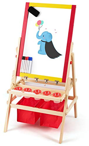GOPLUS Caballete Infantil de Doble Cara con Soporte Ajustable | Pizarra para Niños con Pizarra Blanca y de Tiza, Vaso de Papel, Marcador y Goma de Borrar