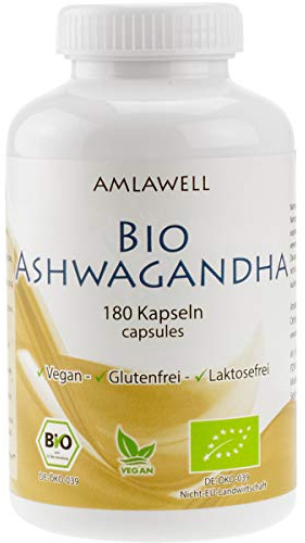 AMLAWELL Bio Ashwagandha - 180 Kapseln Bio Ashwagandhapulver aus kontrolliertem Anbau, erlesene Schlafbeere aus Indien, vegan