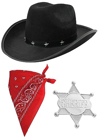 Cowboy-Zubehör-Set für Kinder, schwarzer Cowboyhut mit Sternen, rotes Paisleymuster, silberfarbenes Sheriff-Abzeichen, 3-teiliges Cowboy-Ranger-Kostüm-Zubehör-Set
