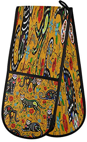 AUUXVA BIGJOKE Gant de four double matelassé en coton Motif crâne mexicain Chat Chatons Chatons Gants de four Résistant à la chaleur pour griller, cuisson, barbecue, poêles et poêles