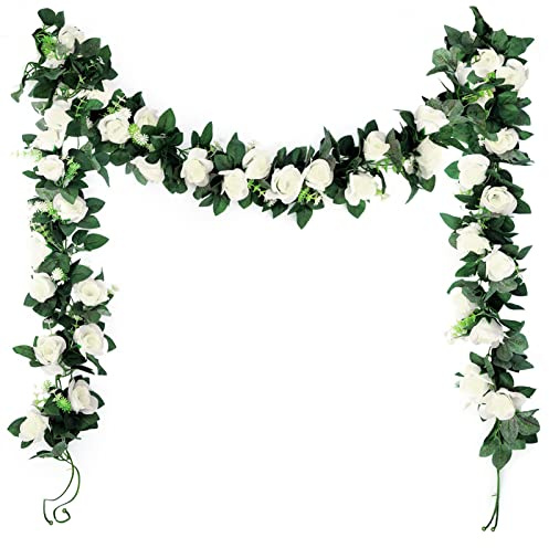 MeloMall 2 x 2,2 m Künstliche Rosen Girlande, Blumen Girlanden Ranke Seidenblume Hängende Fake Rose Reben mit Grünen Blättern，Geignet Familie, Garten, Blumengirlande Hochzeit Dekoration(Weiß)