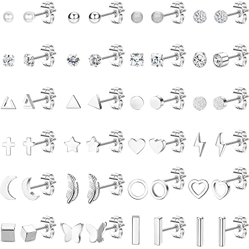 JeweBella 24 Paar Kleine Ohrstecker Damen Set Chirurgenstahl Ohrringe Knorpel Helix Ohrringe Hypoallergen Stern Mond Perle Zirkonia Flach Ohrringe Set Piercing Ohrstecker für Frauen Mädchen