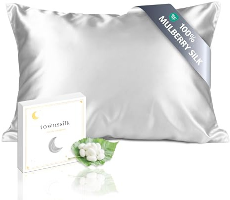 townssilk Funda de almohada de 100 % seda de morera pura de 19 mommes, cuida del cabello y la piel, 40 x 70 cm, con cremallera oculta, 600 hilos, plata