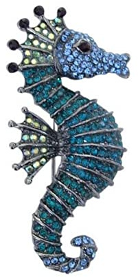 Générique Brosche Schmuck Fisch Seepferdchen Strass Kristall Grün und Blau, Metall