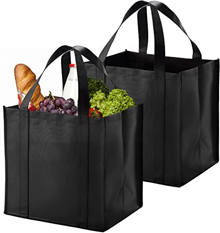 XUHN Einkaufstasche Wiederverwendbare Schwarze 2 Stück 38 x 35 x 25cm Stabile Einkaufskorb Faltbar Groß Und Leicht Mit Tragegriffen Und Kleiner Haken Für Einkaufen Picknick Camping