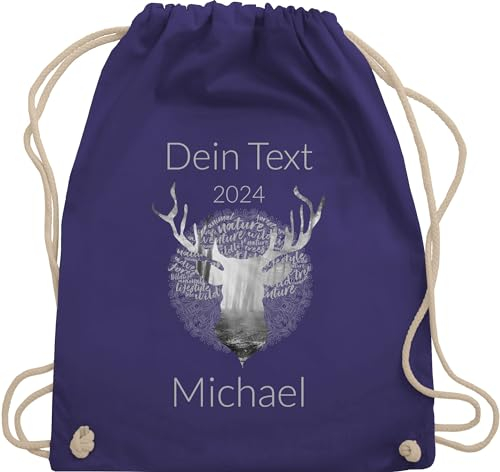 Turnbeutel Rucksack - Kompatibel Oktoberfest - Tag Cloud - Hirsch und Name in Silbergrau - Unisize - Lila - oktoberfest-tasche trachten beutel trachtenrucksack bayrisch beutelrucksäcke