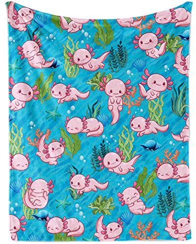 Cute Axolotl Blanket Gift for Girls Boys, Soft Plush Pink Axolotls Flannel Blanket for Baby Newborn Crib, Cozy Warm Blue Ocean Axolotls Fluffy Throw Blanket for Toddler Kids Couch Sofa, 100 x 130 cm