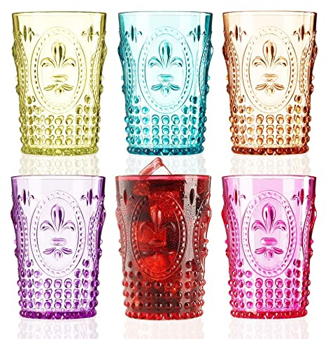 Muldale Lot de 6 verres baroques en plastique pour adultes,Verres en acrylique,Réutilisables et incassables,Sans BPA,6 couleurs,Verres highball en plastique de 400 ml,Passe au lave-vaisselle