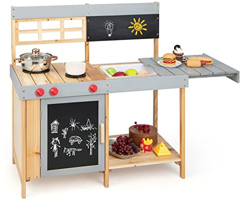 COSTWAY Wooden Mud Kitchen, Outdoor Kitchen Playset with Chalkboard, Movable Tabletop & Sink, Storage Cabinet, Kids Role Pretend Play Kitchen for Boys Girls