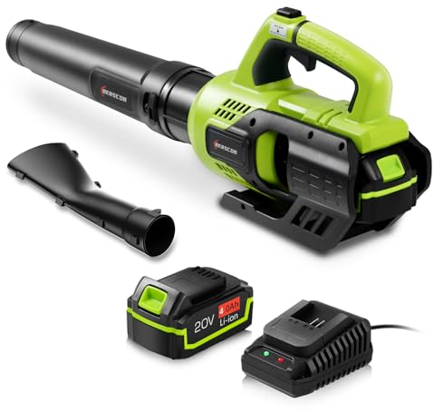 Berscob Soffiatore per foglie senza fili, 420 CFM, alimentato a batteria, con batteria da 4,0 Ah e caricabatterie rapido, modalità a 2 velocità, soffiatore elettrico leggero per prato, cortile,
