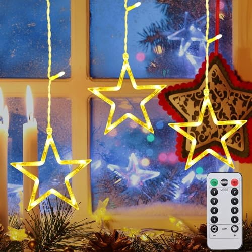 Fohil Cortina de Luces Navideñas, 3 Estrellas LED Interior, 8 Modos Impermeable Iluminación Estrella, Guirnaldas Decorativas para Ventana, Jardín, Porche