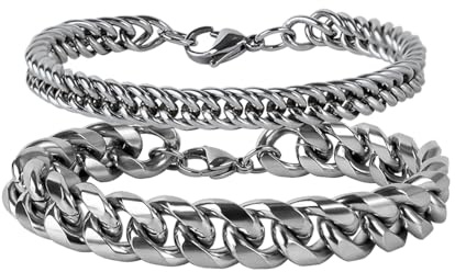 Eigso 2 Pcs Herren Edelstahl kubanische Link Kette Armband Set für Männer Frauen robuste Kreuz Silber Kandare Breite kubanische Link Kette Armbänder für Mann Frau