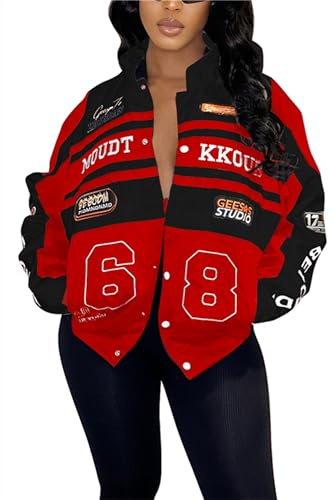 Women's Varsity Jacket Motorcycle Detachable Letter Graphic Racer Vintage Colorblock Baseball Coats Streetwear