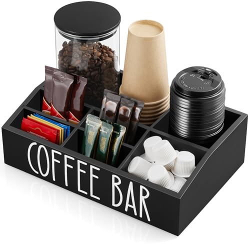 ALELION Kaffeestation-Organizer für Arbeitsplatte, 7 Fächer, Kaffeebar-Zubehör und Organizer mit herausnehmbaren Trennwänden, schwarzer Kaffee- und Tee-Gewürz-Organizer