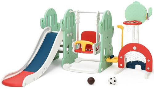 7 in 1 Toddler Slide and Swing Set, Kids Freestanding Slide Climber with Adjustable Swing and Basketball Hoop, Soccer Golf and Ring Toss Game, Indoor Outdoor Playset for Toddlers Age 1-3