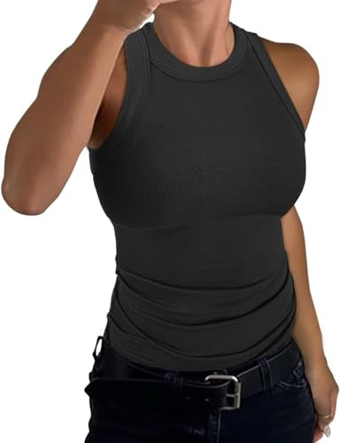 ELFIN Ribbad linne för kvinnor, sommar, sexig, ribbad topp, ärmlös, smal passform, baströja, rund hals, stretch, toppar, tanktops, svart, L