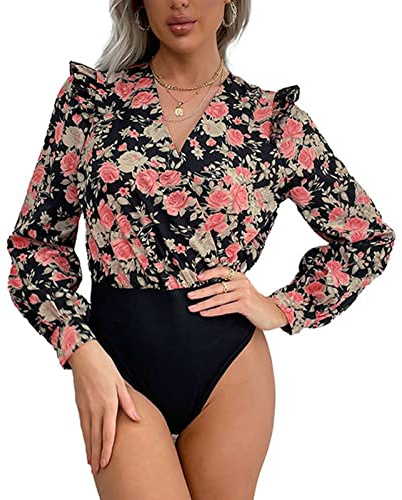 Body con Stampa Floreale, Body a Maniche Lunghe con Volant e Patchwork Traspirante in un Unico Pezzo per la Vita Quotidiana (BLACK)