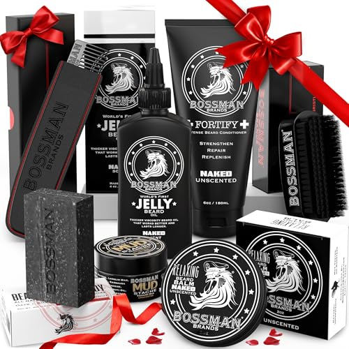 Bossman Big Boss Beard Care Kit for Men - 7 Piece Beard Grooming Kit with Jelly Beard Oil, Beard Conditioner, Beard Balm, MUDstache Wax, Bar Soap, Metal Comb, Brush - Gift Set for Men (Naked)