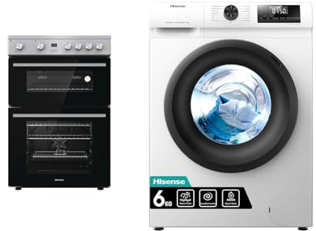 Hisense HDE3211BXUK 60cm Electric Cooker with Ceramic Hob - Brushed stainless steel & WFQP6012EVM-Freestanding-6 KG-Front Load Durable Inverter Washing Machine-Steam Wash-Quick Wash-15 Washing