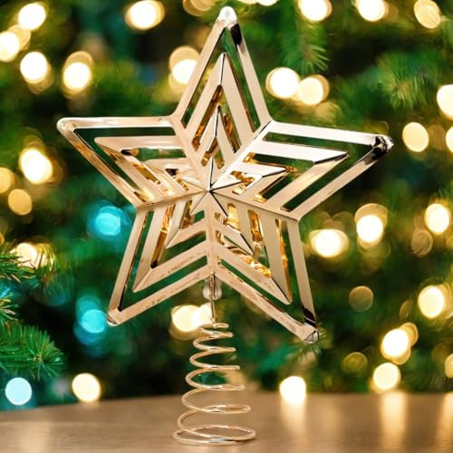 XFLYP 20 * 25cm árbol de Navidad en la Parte Superior de la Estrella, Metal Brillante árbol en la Parte Superior de la Estrella Decorado en Forma de Estrella Hueca, Decoración Interior (Dorado)