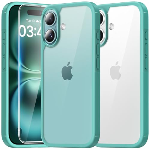 TAURI für iPhone 16 Hülle 6,1 mit Panzer Schutz Glas Folie, Schutz nach Militärstandard, [Anti-Vergilbung] Stoßfest Transparent Handyhülle - Grün | Mit Displayschutzfolie, stoßfest und stoßfest