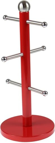 Mug Hanger Stand Tea Coffee Cup Holder with 6 Hooks | Modern Red Mug Tree for Kitchen Storage and Organization | Durable Stainless Steel Countertop Rack | Space-Saving Cup Organizer - Red