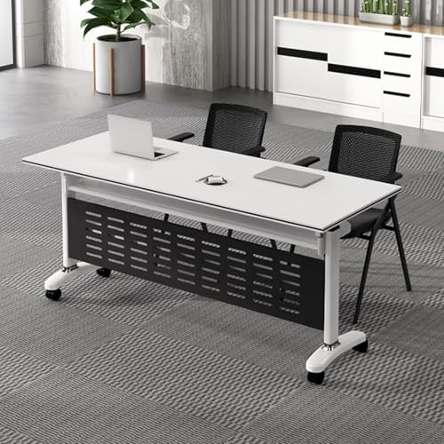 SDFVSDF Konferenztisch Weiße Klappbare Konferenztische, Mobiler Schulungs- und Seminartisch mit Klappplatte und Stauraum, Platzsparender Rollbarer Besprechungstisch fürs Büro(160x40x75cm)