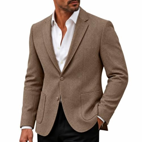 Mrbuerly Mens Herringbone Blazer Light Brown British Wool Blend Suit Jacket 2 Button Casual Sport Coat Winter Wedding Groomsmen Prom Jackets M