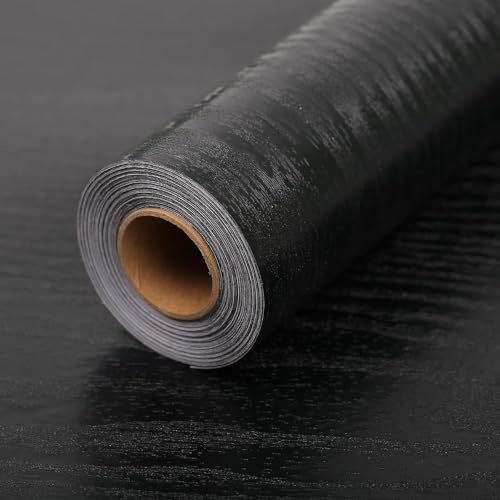LOVADA Black Wood PVC Wallpaper - 44.5cm x 2000cm Waterproof, Textured Peel and Stick for Wardrobe and Storage Furniture