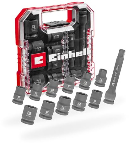 Einhell L-CASE 12-tlg. KFZ-Impact-Stecknuss-Set | Sechskant-Stecknüsse | Ø 10-21 mm | manganphosphatierter CrMo-Stahl | 125-mm-Verlängerung | EVA-Inlay