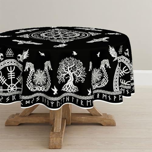 Artoid Mode Weiß Wikinger Baum des Lebens Rabe Rune Symbol Tischdecke Rund 120 cm, Saisonnal Fleckschutz Tischwäsche Küche Dekoration Party Dekor