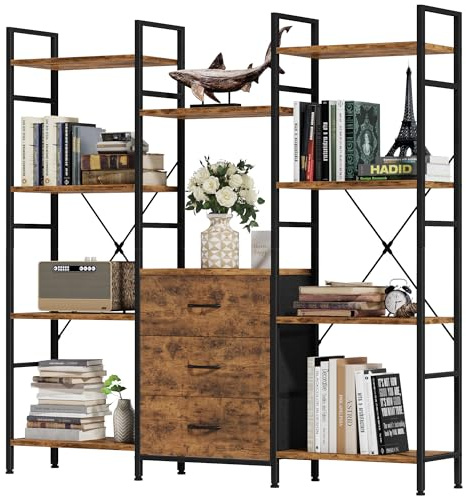 100W x142Hcm Bücherregal mit 4 Stoffschubladen, Standregal Bücher Regal Küchenregal für Wohnzimmer Büro Balkon Bookshelf Würfelregal Kitchen Storage Shelf Lagerregale Bookcase, Industrial Holz Style